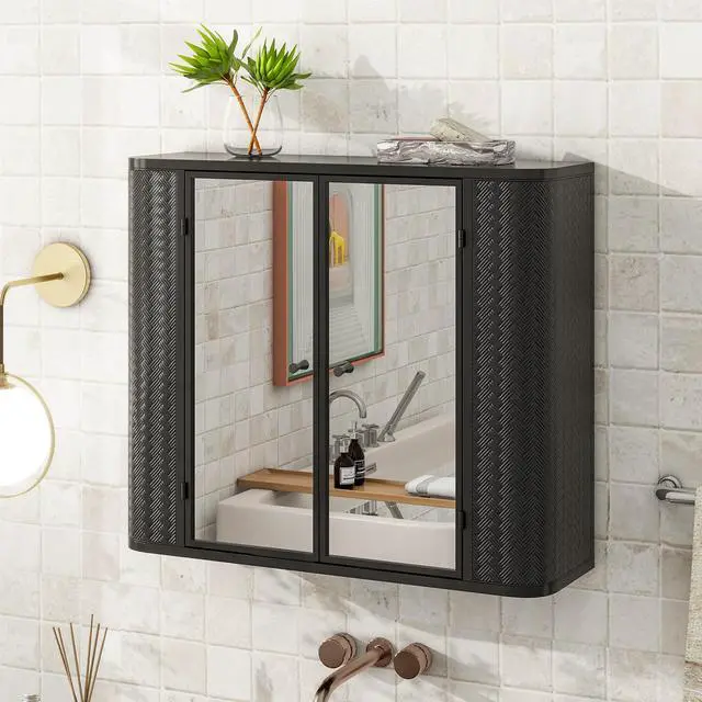Alt view image 3 of 7 - Black Wall-Mounted Bathroom Cabinet with Mirror, 2 Mirrored Doors & Open Shelf, Farmhouse Metal Frame Storage Cabinet with Open Compartment for Vanity, Toilet & Over-the-Sink