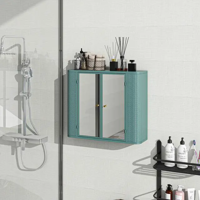Main image of Army Green Wall-Mounted Bathroom Cabinet with Mirror, 2 Mirrored Doors & Open Shelf, Farmhouse Metal Frame Storage Cabinet with Open Compartment for Vanity, Toilet & Over-the-Sink