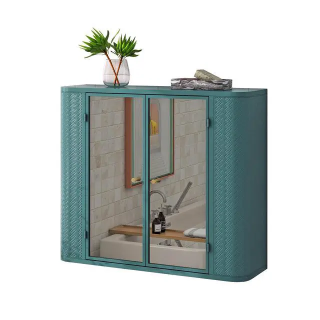 Alt view image 4 of 7 - Army Green Wall-Mounted Bathroom Cabinet with Mirror, 2 Mirrored Doors & Open Shelf, Farmhouse Metal Frame Storage Cabinet with Open Compartment for Vanity, Toilet & Over-the-Sink