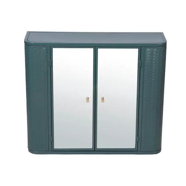 Alt view image 7 of 7 - Army Green Wall-Mounted Bathroom Cabinet with Mirror, 2 Mirrored Doors & Open Shelf, Farmhouse Metal Frame Storage Cabinet with Open Compartment for Vanity, Toilet & Over-the-Sink