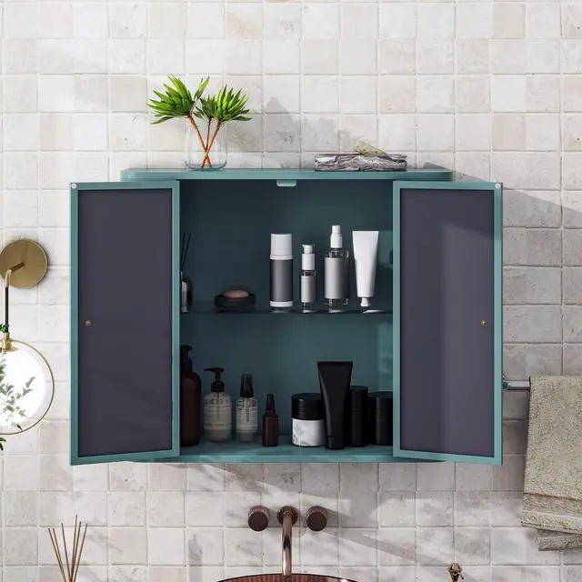 Alt view image 5 of 7 - Army Green Wall-Mounted Bathroom Cabinet with Mirror, 2 Mirrored Doors & Open Shelf, Farmhouse Metal Frame Storage Cabinet with Open Compartment for Vanity, Toilet & Over-the-Sink