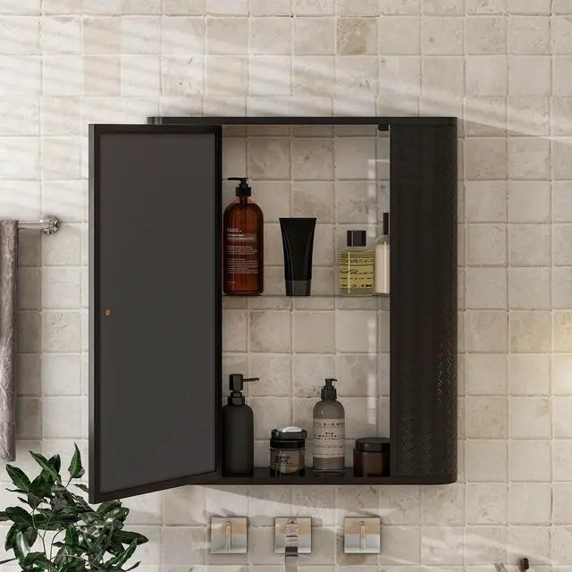 Alt view image 3 of 7 - Wall-Mounted Bathroom Cabinet with Mirror, Metal Framed Mirrored Door Medicine Cabinet, 2 Inner Shelves for Storage, Modern Farmhouse Style, Over Toilet or Vanity Organizer