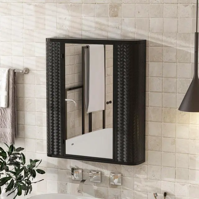 Main image of Wall-Mounted Bathroom Cabinet with Mirror, Metal Framed Mirrored Door Medicine Cabinet, 2 Inner Shelves for Storage, Modern Farmhouse Style, Over Toilet or Vanity Organizer