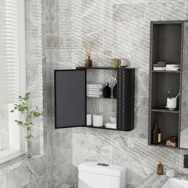 Alt view image 5 of 7 - Wall-Mounted Bathroom Cabinet with Mirror, Metal Framed Mirrored Door Medicine Cabinet, 2 Inner Shelves for Storage, Modern Farmhouse Style, Over Toilet or Vanity Organizer