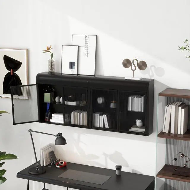 Alt view image 2 of 7 - 2-Door Wall-Mounted Metal Storage Cabinet with Tempered Glass Doors & Shelves for Bathroom, Kitchen, Living Room & Office
