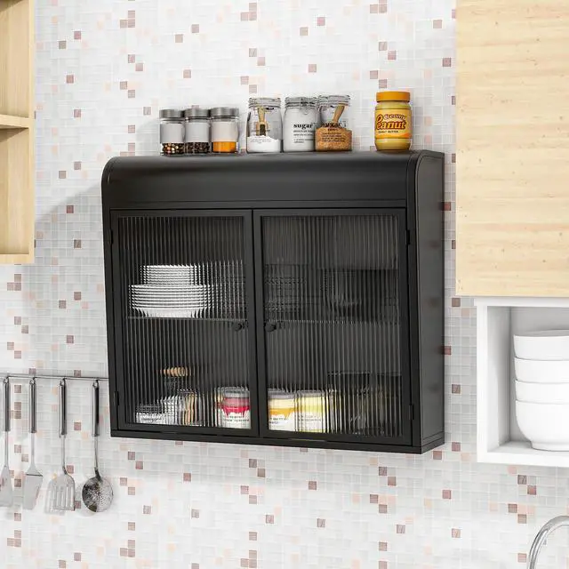 Alt view image 3 of 7 - 2-Door Wall-Mounted Metal Storage Cabinet with Tempered Glass Doors & Shelves for Bathroom, Kitchen, Living Room & Office