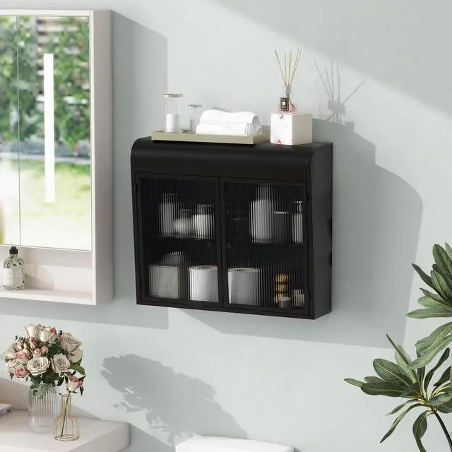Main image of 2-Door Wall-Mounted Metal Storage Cabinet with Tempered Glass Doors & Shelves for Bathroom, Kitchen, Living Room & Office