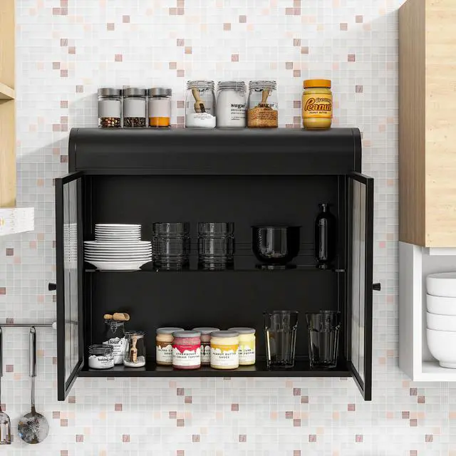 Alt view image 5 of 7 - 2-Door Wall-Mounted Metal Storage Cabinet with Tempered Glass Doors & Shelves for Bathroom, Kitchen, Living Room & Office