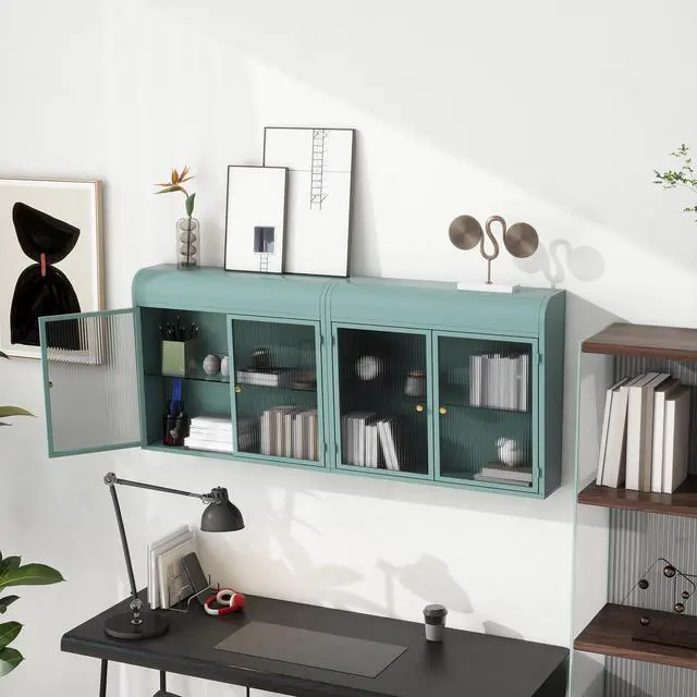Alt view image 2 of 7 - Army Green 2-Door Wall-Mounted Metal Storage Cabinet with Tempered Glass Doors & Shelves for Bathroom, Kitchen, Living Room & Office