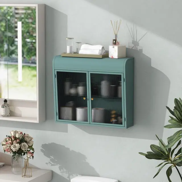 Main image of Army Green 2-Door Wall-Mounted Metal Storage Cabinet with Tempered Glass Doors & Shelves for Bathroom, Kitchen, Living Room & Office