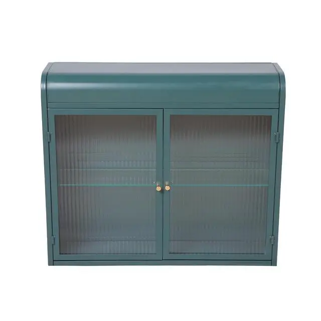 Alt view image 5 of 7 - Army Green 2-Door Wall-Mounted Metal Storage Cabinet with Tempered Glass Doors & Shelves for Bathroom, Kitchen, Living Room & Office