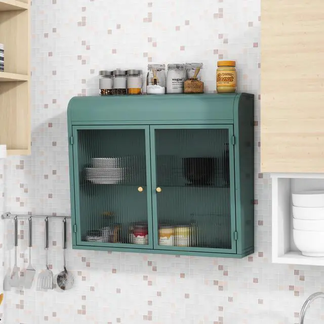 Alt view image 3 of 7 - Army Green 2-Door Wall-Mounted Metal Storage Cabinet with Tempered Glass Doors & Shelves for Bathroom, Kitchen, Living Room & Office