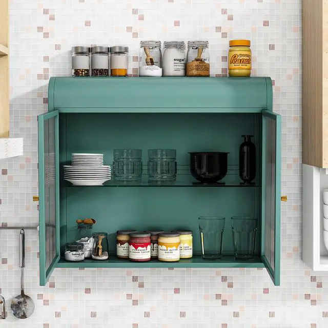 Alt view image 4 of 7 - Army Green 2-Door Wall-Mounted Metal Storage Cabinet with Tempered Glass Doors & Shelves for Bathroom, Kitchen, Living Room & Office