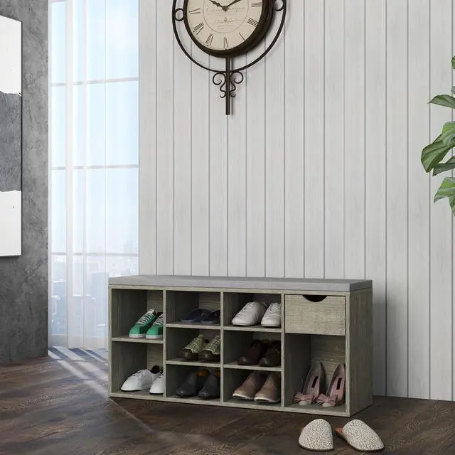 Alt view image 4 of 7 - Storage Bench, Shoe Bench, Entryway Bench with Padded Cushion, Drawer and Open Compartments, Bench with Storage, 3 Tier Shoe Rack Bench