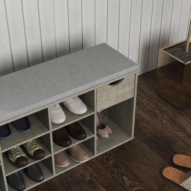 Alt view image 3 of 7 - Storage Bench, Shoe Bench, Entryway Bench with Padded Cushion, Drawer and Open Compartments, Bench with Storage, 3 Tier Shoe Rack Bench