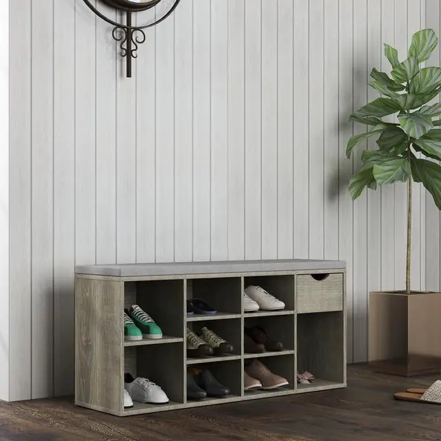 Alt view image 5 of 7 - Storage Bench, Shoe Bench, Entryway Bench with Padded Cushion, Drawer and Open Compartments, Bench with Storage, 3 Tier Shoe Rack Bench
