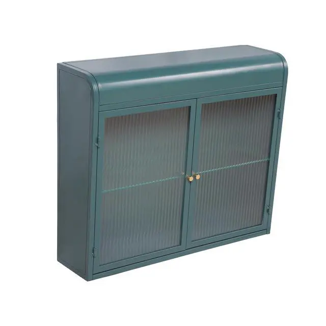 Alt view image 7 of 7 - Army Green 2-Door Wall-Mounted Metal Storage Cabinet with Tempered Glass Doors & Shelves for Bathroom, Kitchen, Living Room & Office