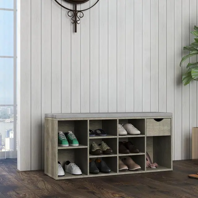 Alt view image 2 of 7 - Storage Bench, Shoe Bench, Entryway Bench with Padded Cushion, Drawer and Open Compartments, Bench with Storage, 3 Tier Shoe Rack Bench