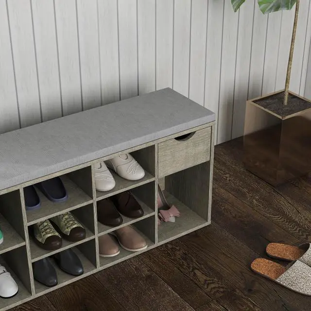 Alt view image 7 of 7 - Storage Bench, Shoe Bench, Entryway Bench with Padded Cushion, Drawer and Open Compartments, Bench with Storage, 3 Tier Shoe Rack Bench