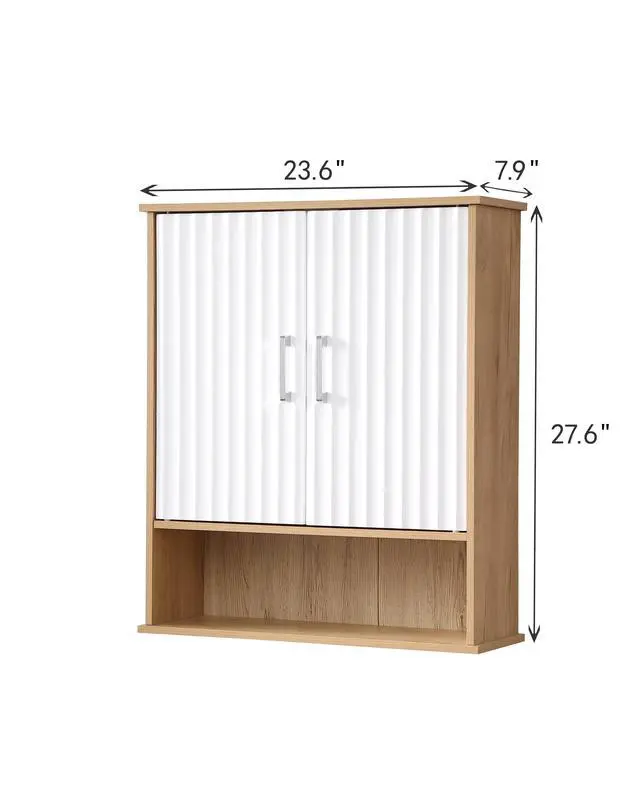 Alt view image 2 of 7 - Bathroom Wall Cabinet with Double - Door, Bottom Shelf, Wavy - Patterned Doors, Adjustable Inner Shelf, Easy Installation, White & Natural Wood