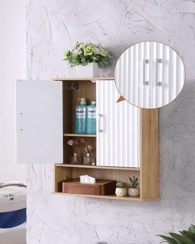 Alt view image 4 of 7 - Bathroom Wall Cabinet with Double - Door, Bottom Shelf, Wavy - Patterned Doors, Adjustable Inner Shelf, Easy Installation, White & Natural Wood