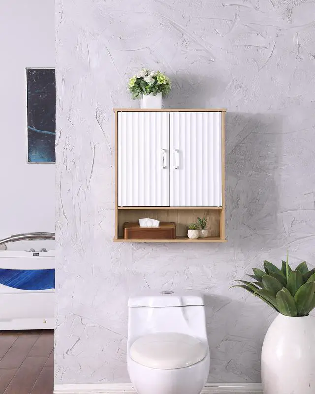 Alt view image 6 of 7 - Bathroom Wall Cabinet with Double - Door, Bottom Shelf, Wavy - Patterned Doors, Adjustable Inner Shelf, Easy Installation, White & Natural Wood