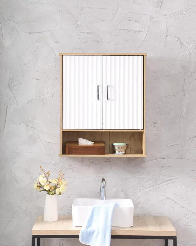 Alt view image 7 of 7 - Bathroom Wall Cabinet with Double - Door, Bottom Shelf, Wavy - Patterned Doors, Adjustable Inner Shelf, Easy Installation, White & Natural Wood