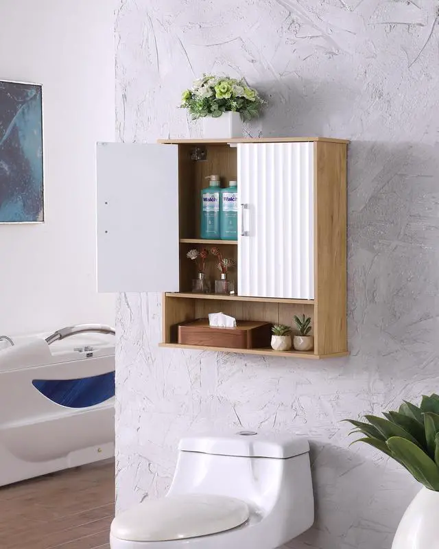 Main image of Bathroom Wall Cabinet with Double - Door, Bottom Shelf, Wavy - Patterned Doors, Adjustable Inner Shelf, Easy Installation, White & Natural Wood