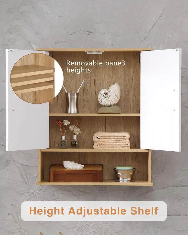 Alt view image 3 of 7 - Bathroom Wall Cabinet with Double - Door, Bottom Shelf, Wavy - Patterned Doors, Adjustable Inner Shelf, Easy Installation, White & Natural Wood