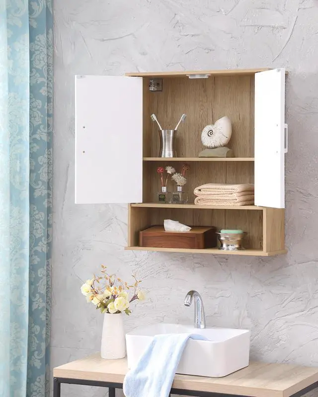 Alt view image 5 of 7 - Bathroom Wall Cabinet with Double - Door, Bottom Shelf, Wavy - Patterned Doors, Adjustable Inner Shelf, Easy Installation, White & Natural Wood