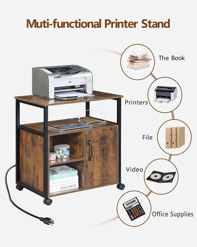 Alt view image 3 of 7 - File Cabinet,Office Filing Cabinets with Socket and USB Charging Port,Printer Stand with Storage for A4, Letter Size,Metal Side Frame ,Easy Installationfor Home Office, Rustic Brown+Black