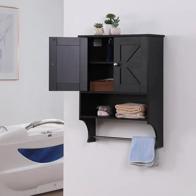 Alt view image 3 of 7 - Over The Toilet Storage Cabinet,Farmhouse Medicine Cabinet with 2 Door and Adjustable Shelves,21.65 x 7.1 x 27.6 Inches, Bathroom, Living Room, Black
