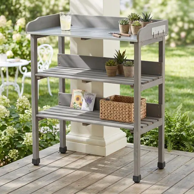 Alt view image 2 of 7 - 30x14.5×35.5 Potting Table w/Metal Tabletop, 3 Layers Outdoor Work Bench w/Hook for Garden, Solid Wood Workstation for Garage