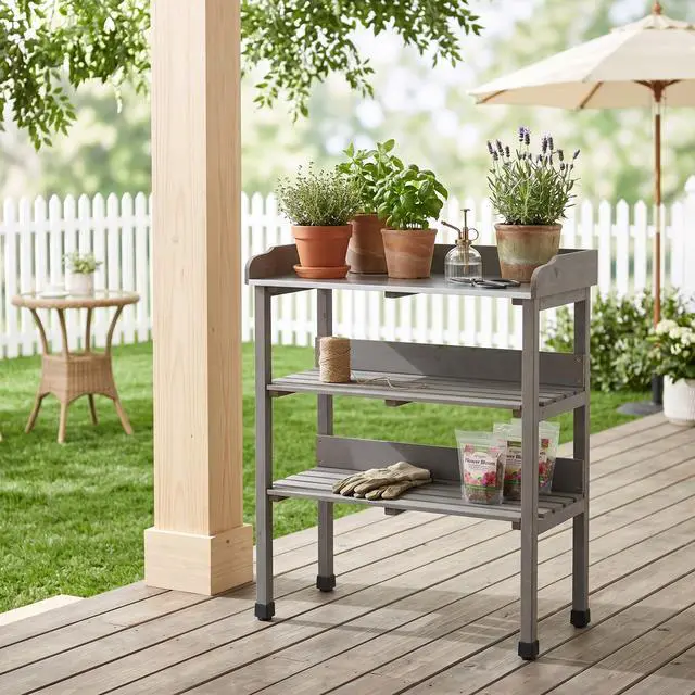 Alt view image 6 of 7 - 30x14.5×35.5 Potting Table w/Metal Tabletop, 3 Layers Outdoor Work Bench w/Hook for Garden, Solid Wood Workstation for Garage