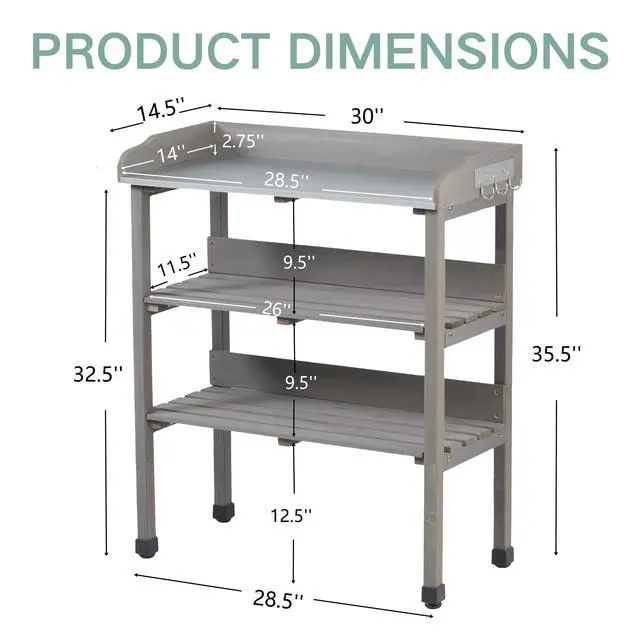 Alt view image 3 of 7 - 30x14.5×35.5 Potting Table w/Metal Tabletop, 3 Layers Outdoor Work Bench w/Hook for Garden, Solid Wood Workstation for Garage