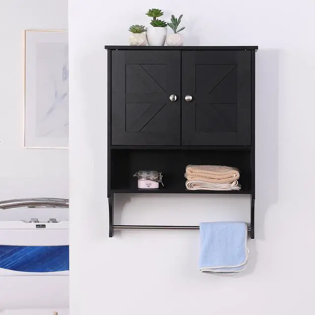 Alt view image 2 of 7 - Over The Toilet Storage Cabinet,Farmhouse Medicine Cabinet with 2 Door and Adjustable Shelves,21.65 x 7.1 x 27.6 Inches, Bathroom, Living Room, Black