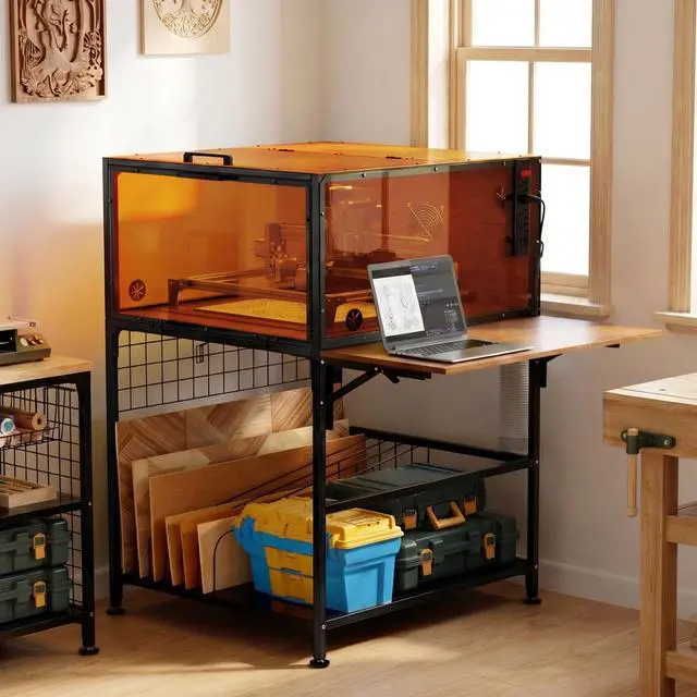 Alt view image 2 of 7 - Laser Engraver Enclosure Cabinet with Exhaust Fan 6000RPM for Most Laser Cutter, Storage & Foldable Side Panel, Metal Laser Engraver Cover Tent with Eye Protection