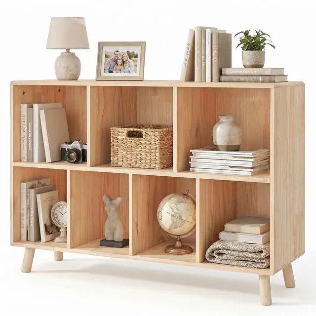 Alt view image 2 of 7 - Pine Wood 7 Cube Bookshelf, 45.0"L x 28.5" H Storage Organizer for Books/Toys/Home, Modern Wooden Bookcase for Home/Office