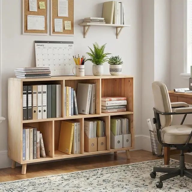 Alt view image 7 of 7 - Pine Wood 7 Cube Bookshelf, 45.0"L x 28.5" H Storage Organizer for Books/Toys/Home, Modern Wooden Bookcase for Home/Office