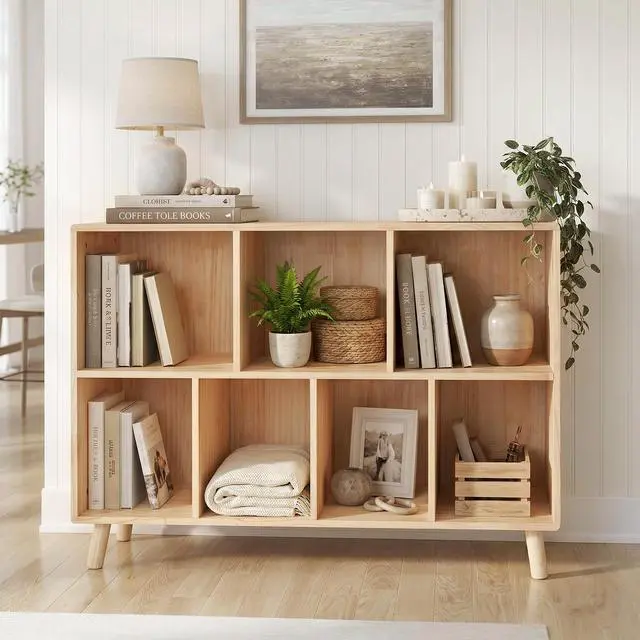 Alt view image 6 of 7 - Pine Wood 7 Cube Bookshelf, 45.0"L x 28.5" H Storage Organizer for Books/Toys/Home, Modern Wooden Bookcase for Home/Office