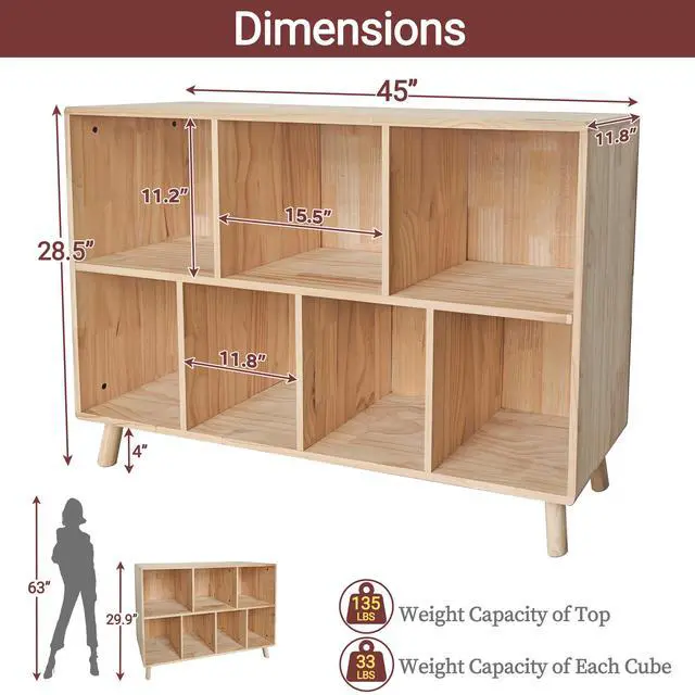 Alt view image 3 of 7 - Pine Wood 7 Cube Bookshelf, 45.0"L x 28.5" H Storage Organizer for Books/Toys/Home, Modern Wooden Bookcase for Home/Office
