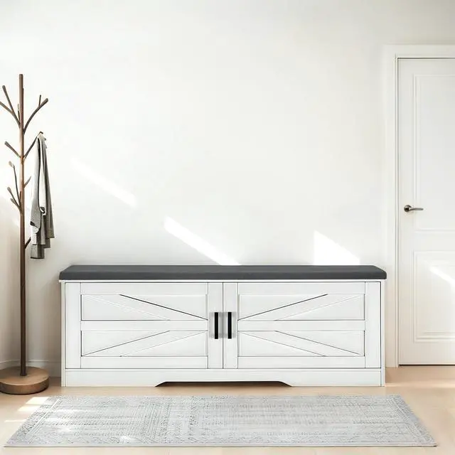 Alt view image 2 of 7 - 2-Tier Storage Bench, Farmhouse Shoe Bench with Padded Seat Cushion, Entryway Bench with 2 Barn Doors & 2 Adjustable Shelves, 13.75" D x 39.4" W x 17.72" H, for Entryway, Bedroom, Living Room, White