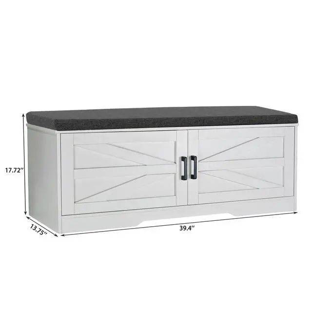 Alt view image 3 of 7 - 2-Tier Storage Bench, Farmhouse Shoe Bench with Padded Seat Cushion, Entryway Bench with 2 Barn Doors & 2 Adjustable Shelves, 13.75" D x 39.4" W x 17.72" H, for Entryway, Bedroom, Living Room, White