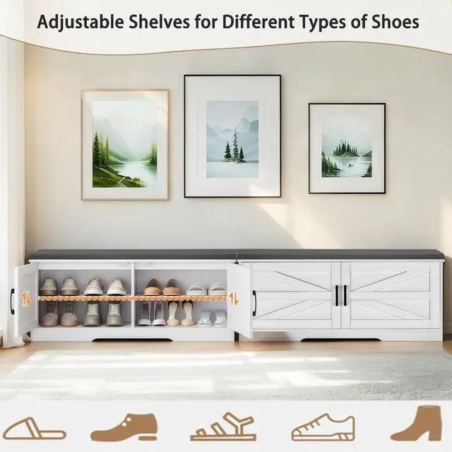 Alt view image 4 of 7 - 2-Tier Storage Bench, Farmhouse Shoe Bench with Padded Seat Cushion, Entryway Bench with 2 Barn Doors & 2 Adjustable Shelves, 13.75" D x 39.4" W x 17.72" H, for Entryway, Bedroom, Living Room, White