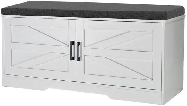 Main image of 2-Tier Storage Bench, Farmhouse Shoe Bench with Padded Seat Cushion, Entryway Bench with 2 Barn Doors & 2 Adjustable Shelves, 13.75" D x 39.4" W x 17.72" H, for Entryway, Bedroom, Living Room, White