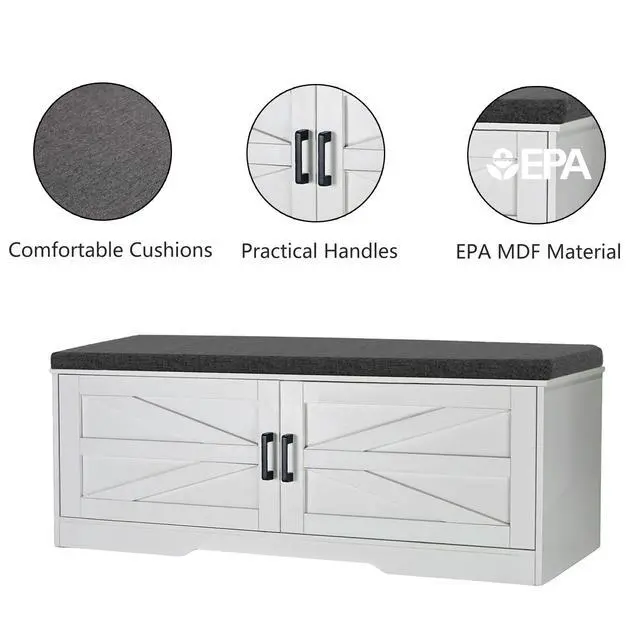 Alt view image 5 of 7 - 2-Tier Storage Bench, Farmhouse Shoe Bench with Padded Seat Cushion, Entryway Bench with 2 Barn Doors & 2 Adjustable Shelves, 13.75" D x 39.4" W x 17.72" H, for Entryway, Bedroom, Living Room, White