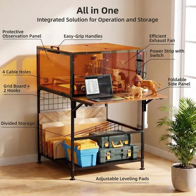 Alt view image 5 of 7 - Laser Engraver Enclosure Cabinet with Exhaust Fan 6000RPM for Most Laser Cutter, Storage & Foldable Side Panel, Metal Laser Engraver Cover Tent with Eye Protection
