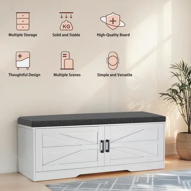 Alt view image 7 of 7 - 2-Tier Storage Bench, Farmhouse Shoe Bench with Padded Seat Cushion, Entryway Bench with 2 Barn Doors & 2 Adjustable Shelves, 13.75" D x 39.4" W x 17.72" H, for Entryway, Bedroom, Living Room, White