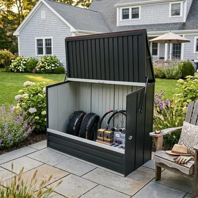 Alt view image 2 of 4 - Outdoor Galvanized Steel Storage Shed with Flip Top & Foldable Front Door, Large Capacity Metal Tool Cabinet for Indoor & Backyard Storage 594.39 US Gal 2.25m³