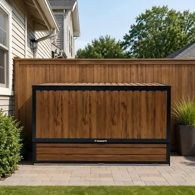 Alt view image 2 of 5 - Wood Grain Galvanized Steel Storage Cabinet, Lift-Up Top & Foldable Front Door Large Capacity Tool Cabinet for Indoor, Garage & Backyard Use 594.39 US Gal 2.25m³